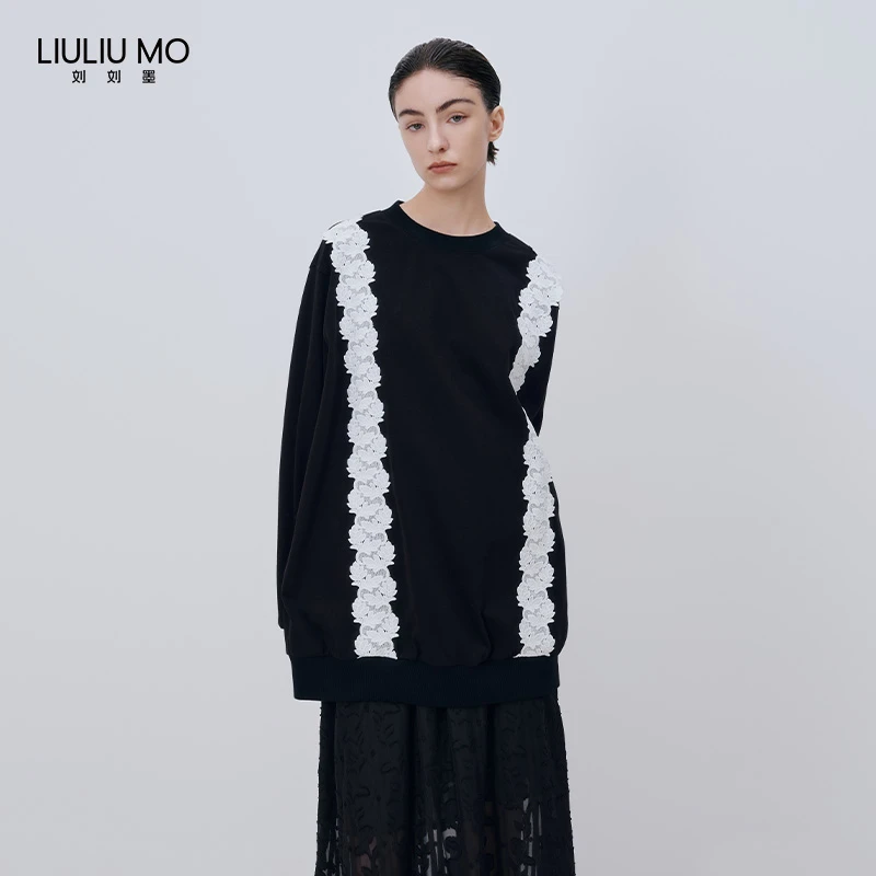 刘刘墨春季新款黑色休闲撞色立体花边拼接简约高级百搭针织卫衣