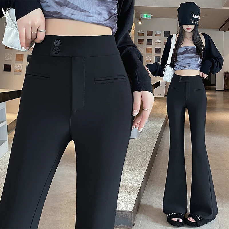 高腰纽扣设计西装版微喇裤女2025春季新款垂感弹力显瘦休闲阔腿裤
