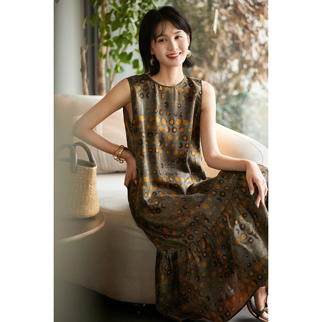 观山物｜非遗红云纱~桑蚕丝波点印花桑蚕丝无袖连衣裙SQD884364MG