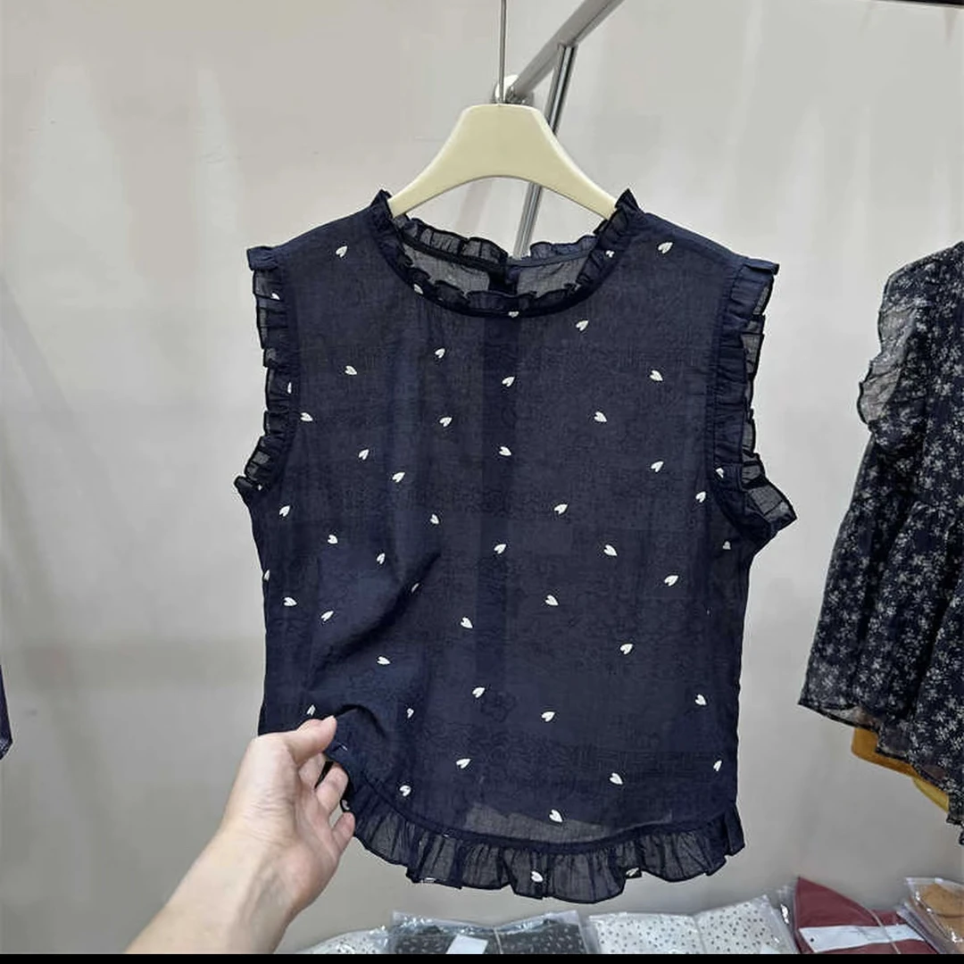 【微微推荐】夏季爱心提花木耳边设计减龄百搭显瘦气质无袖T桖