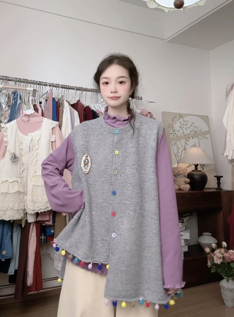 【下摆球球不规则马甲】2025秋新款大码彩扣针织马甲甜美森系少女