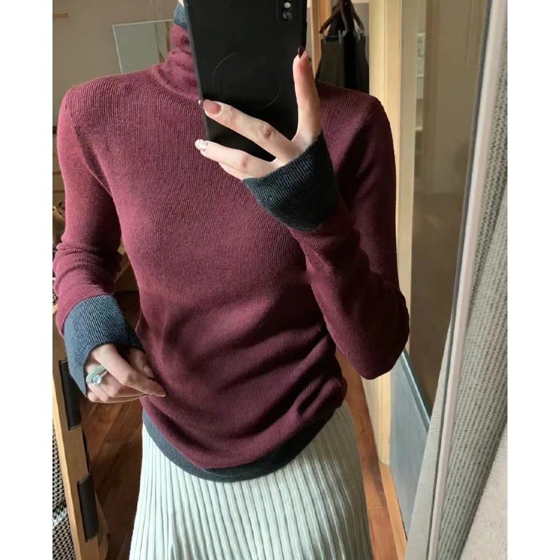 法式假两件针织打底衫女内搭修身显瘦上衣高级感秋冬撞色高领毛衣