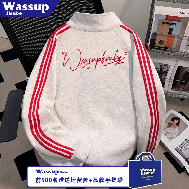 WASSUP HSUBE艺术字母男女开衫慵懒风秋季拉链卫衣印花三条杠外套