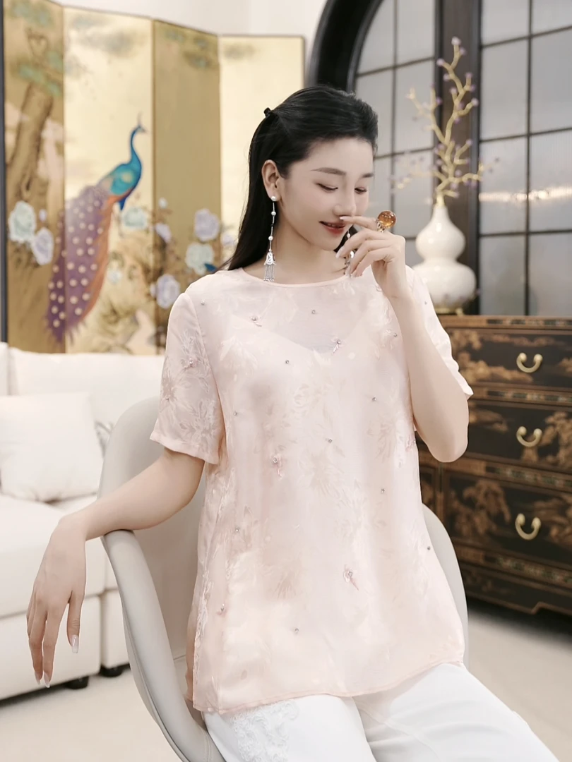 Betty Bairn【彩灵】新中式桑蚕丝花螺提花上衣25B-BW10107