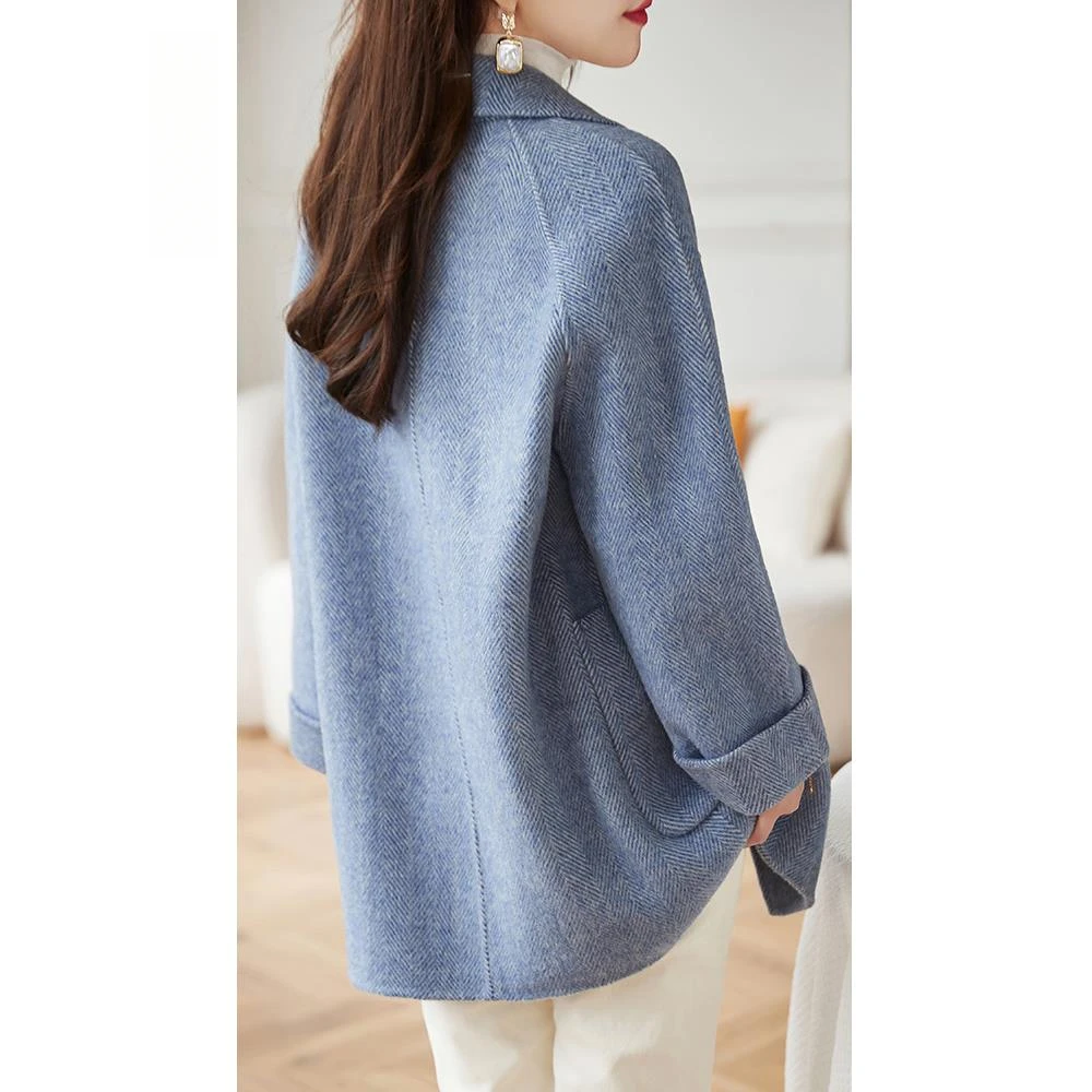 2025年秋冬新款100%羊毛呢外套女小个子气质双面零羊绒大衣人字纹