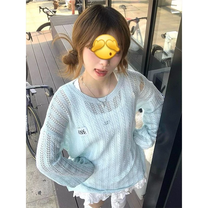 美式镂空慵懒风针织衫女夏季设计感破坏蓝色防晒罩衫宽松长袖上衣