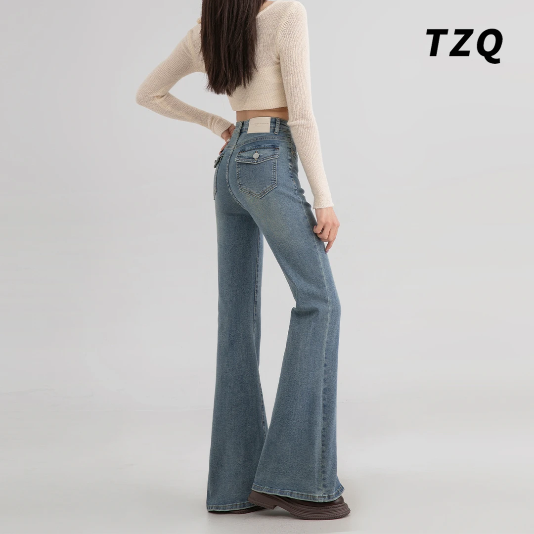 2025春秋新款高腰显瘦复古蓝微喇女加绒拖地喇叭牛仔裤TZQ122557