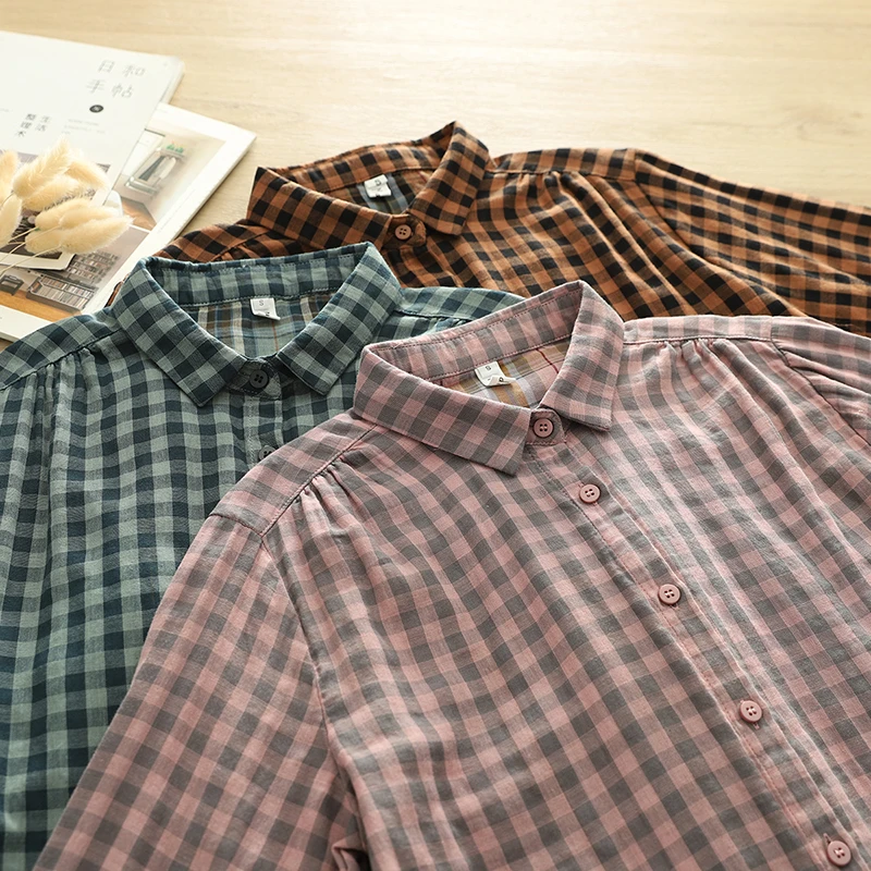 春季格子双层棉纱衬衫女宽松百搭纯棉柔软女士翻领长袖衬衣上衣