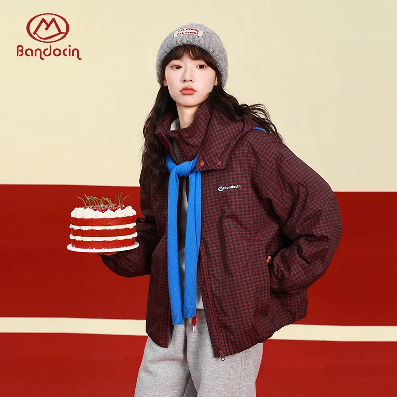 半度闲格子立领连帽加厚棉服女童冬季保暖轻盈复古外套冬装棉衣服