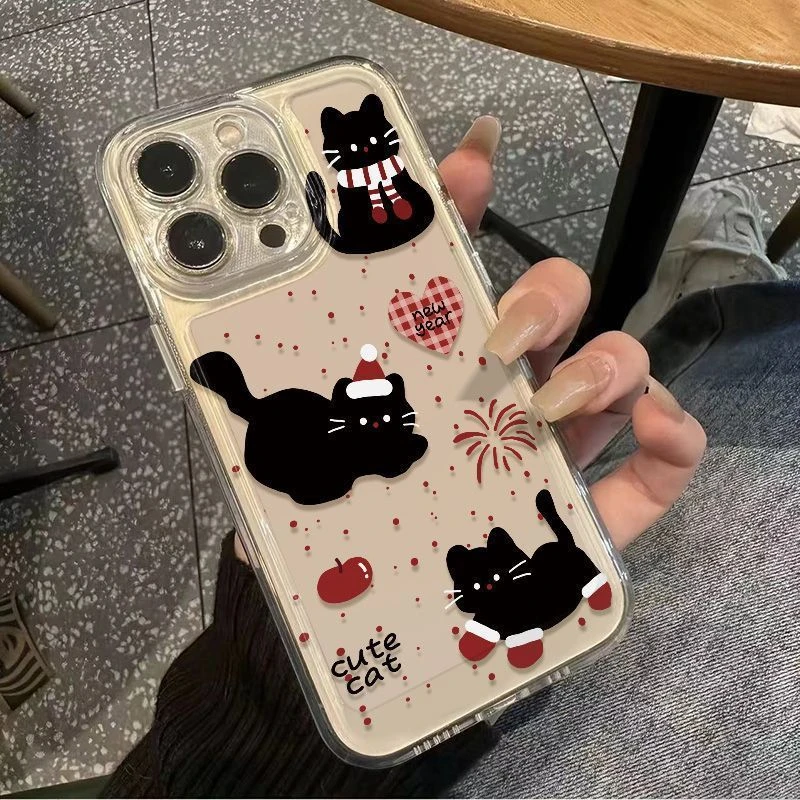 烟花小黑猫适用苹果16PROMAX手机壳iPhone15卡通13透明12软壳11