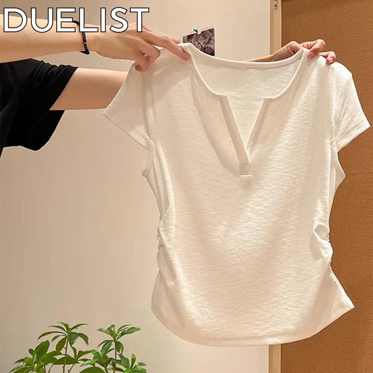 DUELIST白色正肩短袖恤女夏露锁骨小飞袖褶皱收腰短款显瘦领上衣