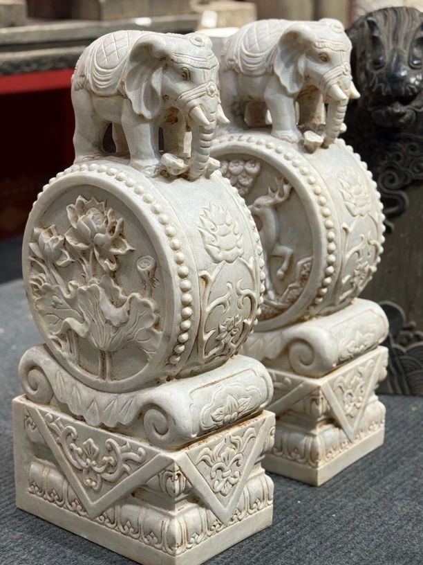 石雕汉白玉大象抱鼓石门墩庭院别墅家用门口精美摆件