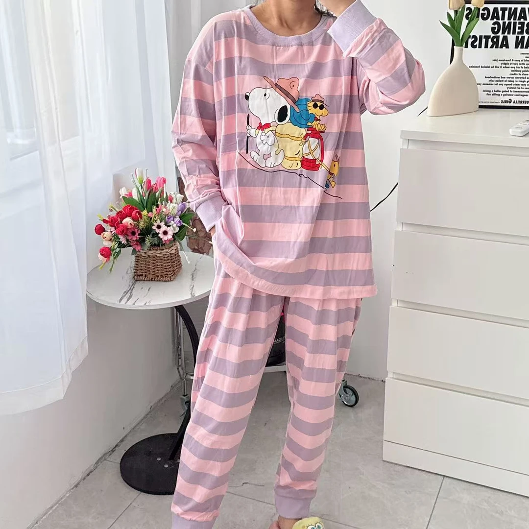 新品秋冬女士条纹长袖长裤家居服套装 亲肤透气时尚舒适居家休闲