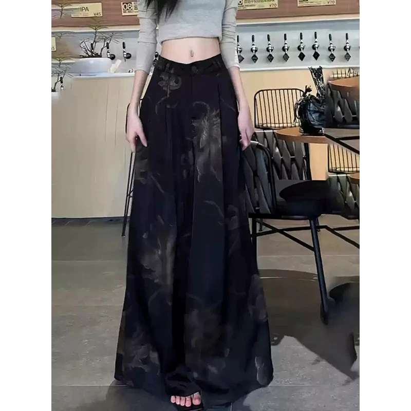 新中式提花醋酸阔腿裤女夏季2025新款高腰垂感缎面休闲裤裙小个子