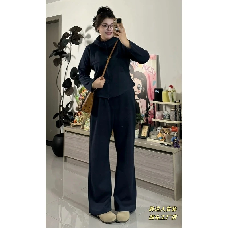 大码新款高级感运动风连帽外套休闲阔腿裤两件套5998#