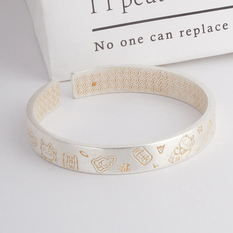 足银手镯 足银手镯开口可调节描金招财猫实心银手镯复古经典百搭