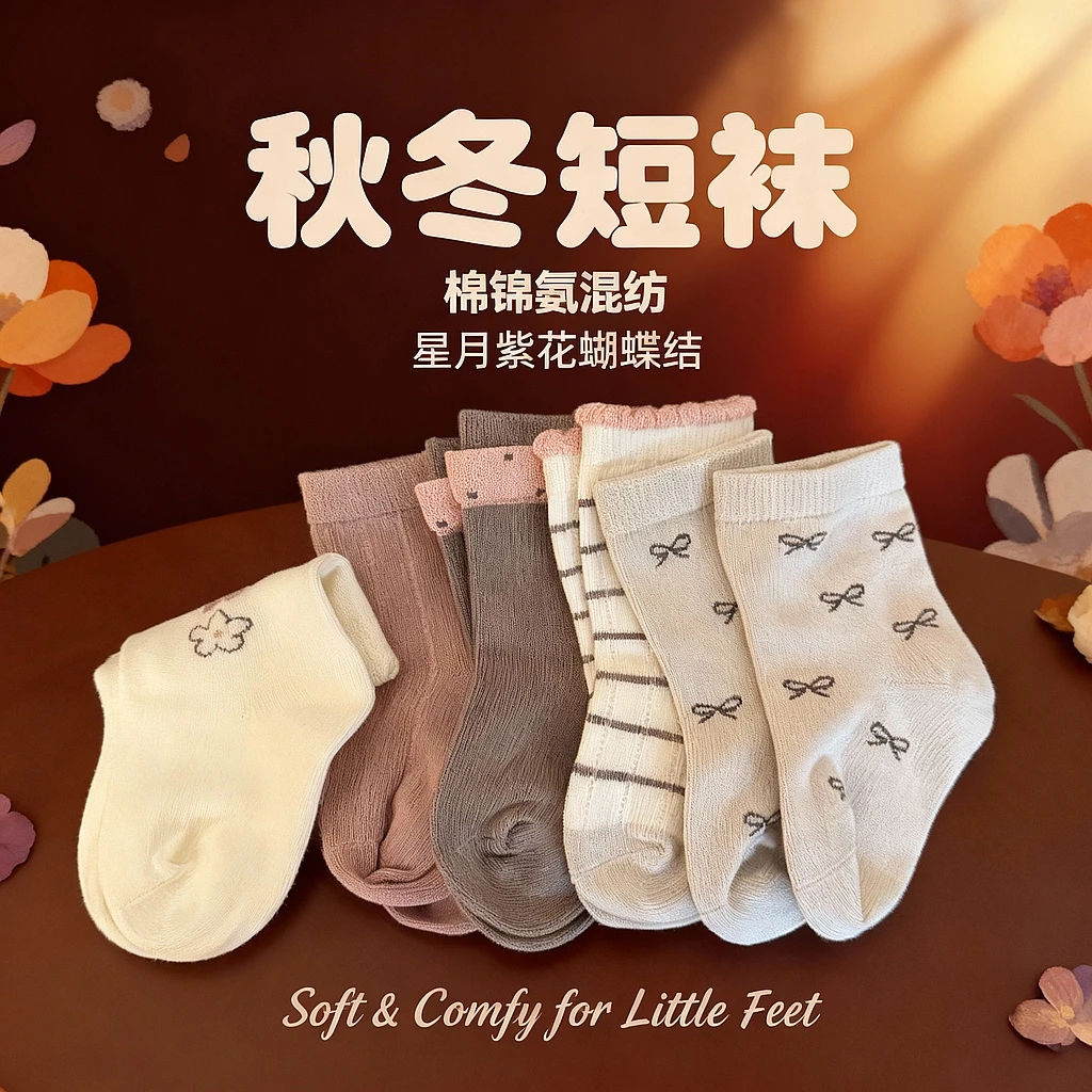 【星星月亮紫花蝴蝶结】五双组秋冬袜