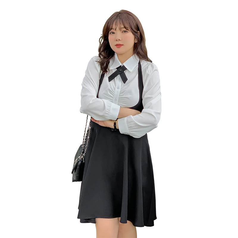 【63666】120-350斤大码女装微胖mm春夏季衬衫上衣显瘦时尚百褶裙