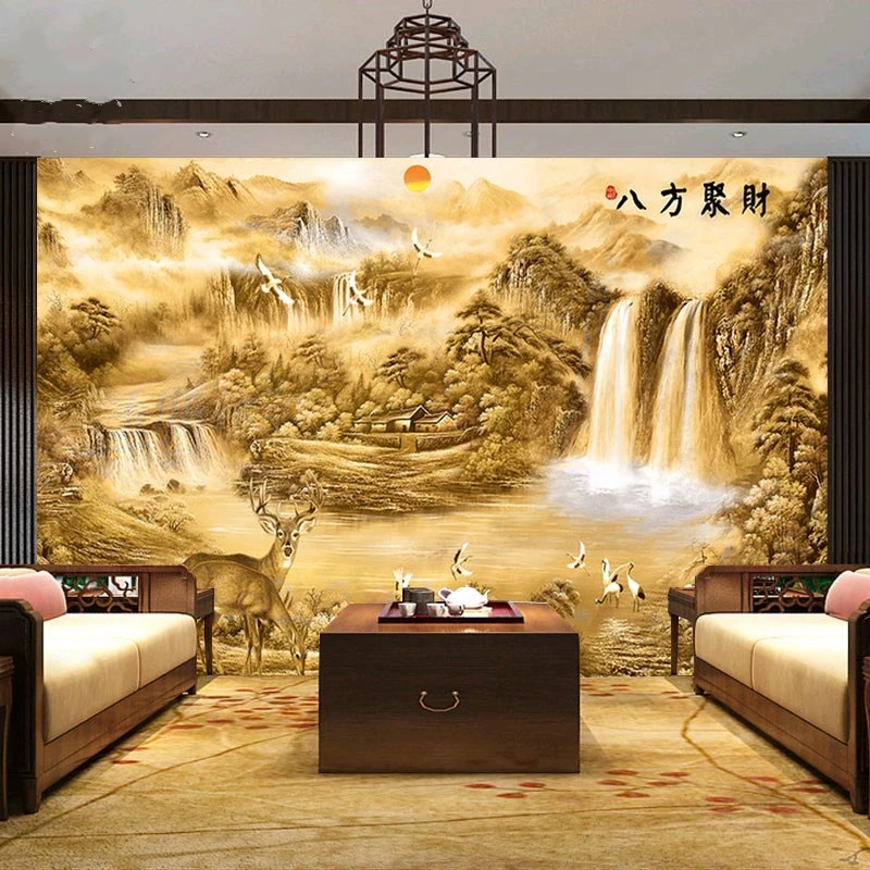 3d竹木纤维集成墙板酒店中式背景墙沙发办公室会议山水风景画扣板
