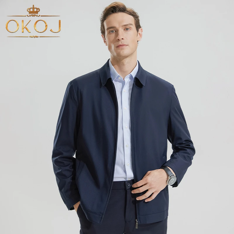 OKOJ夹克外套男士翻领开衫薄款防风秋季新款中老年休闲运动茄克衣