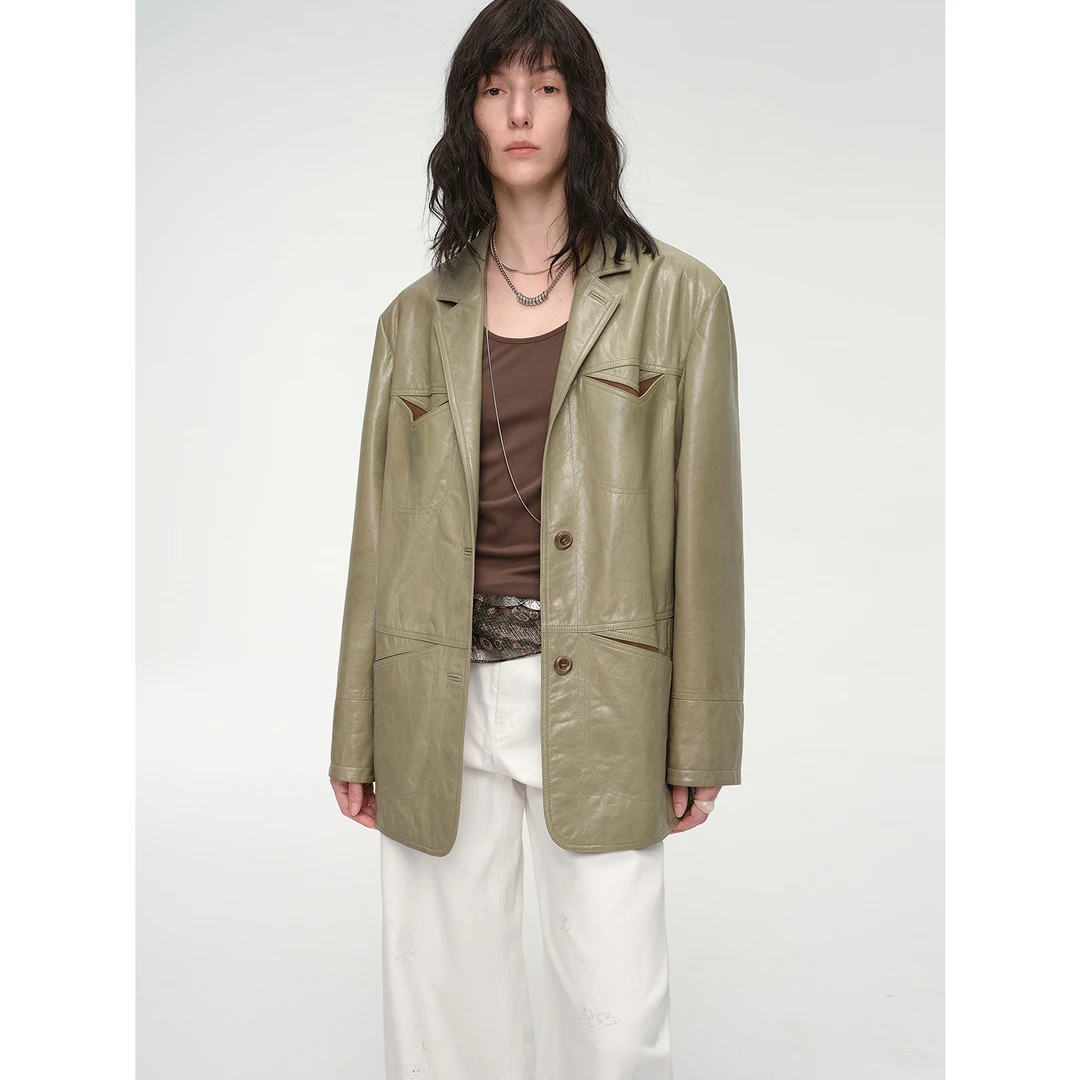 [复古Vibe]付智恩 温莎往事 宽肩多口袋西装版油蜡皮皮衣