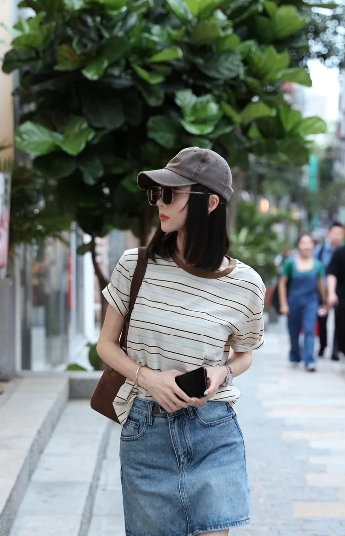 港味复古撞色条纹chic正肩t恤女夏季宽松小众圆领打底短袖上衣潮