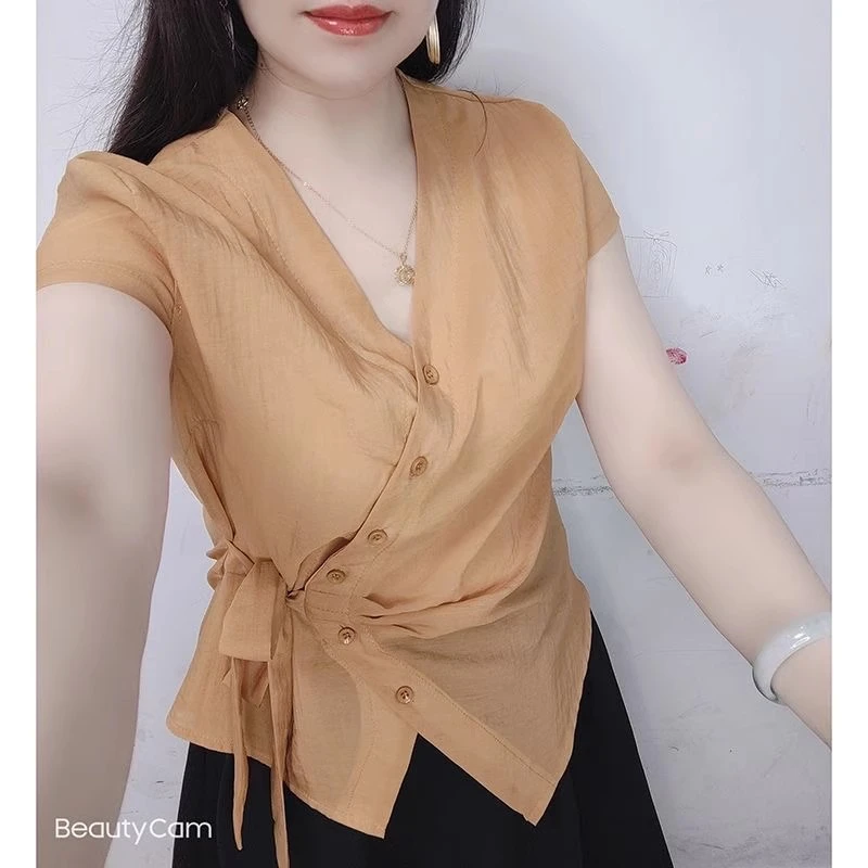 纯色短袖衬衫女2025新款夏季韩版时尚小众系带不规则洋气薄款上衣