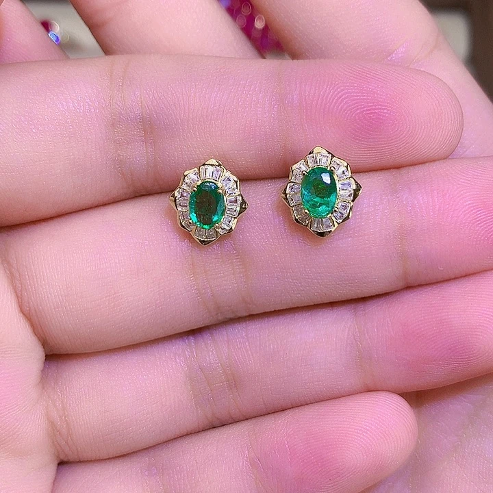 莉***店耳饰银S925镶嵌祖母绿