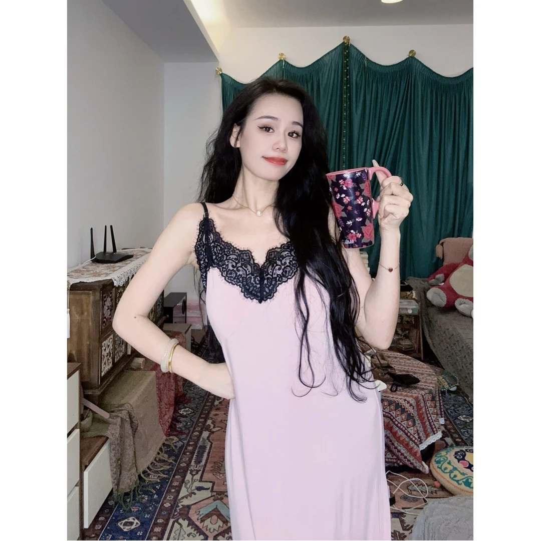 新款性感蕾丝女睡衣可外穿带胸垫显瘦夏季网红女美背气质长裙睡衣