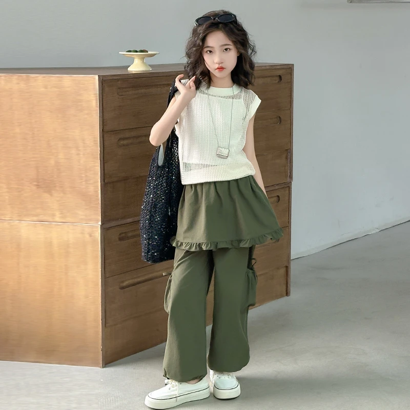 女童工装裤套装夏款2025新款中大童洋气时尚镂空马甲背心三件套潮