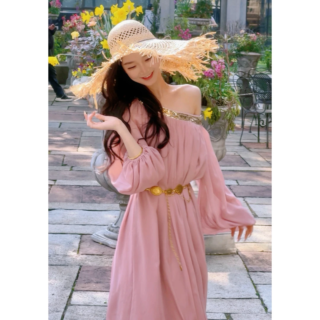 百亿 2.0【油画西西里】 亮片复古浪漫长袖连衣裙慵懒氛围感长裙