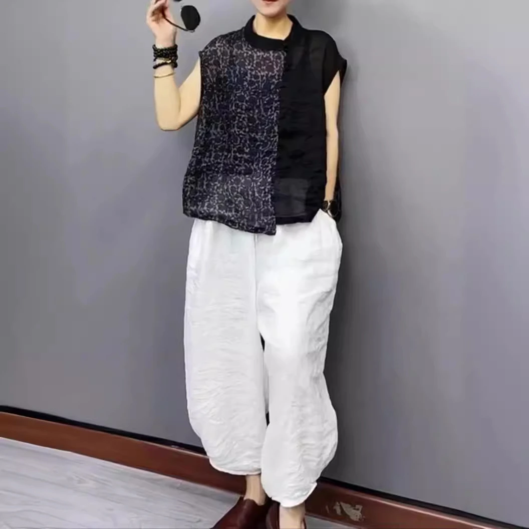 【大爱美依缘】新款时尚百搭圆领宽松拼接短款衬衫休闲哈伦裤两件装