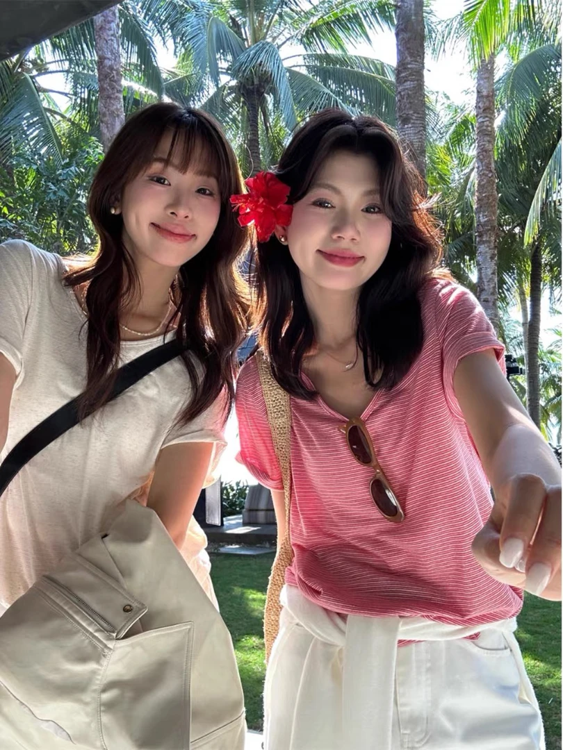 雪花棉v领条纹短袖上衣女