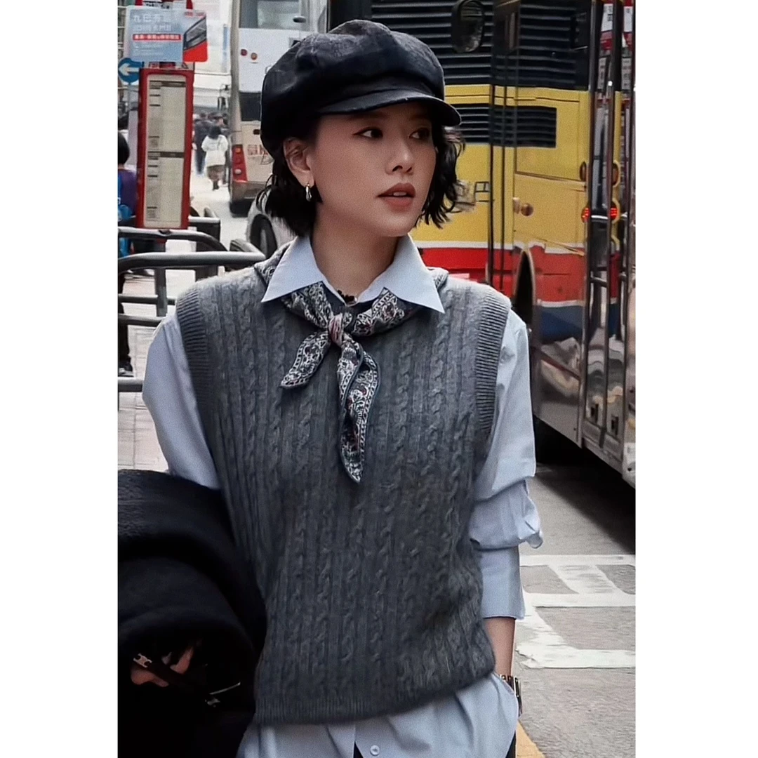 W.Diva【琴声】春季高品质羊绒羊毛混纺百搭麻花圆领马甲34Z151203