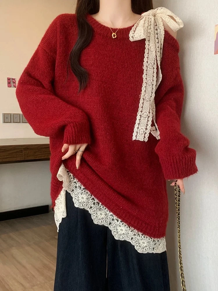 YouSee新年战袍红色蕾丝蝴蝶结毛衣2025新款女秋冬慵懒风毛衣9341