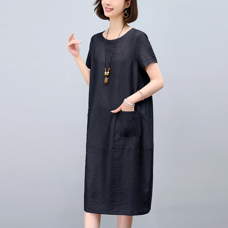 9926亚麻连衣裙女夏装2025新款中年妈妈减龄时尚休闲宽松圆领裙子