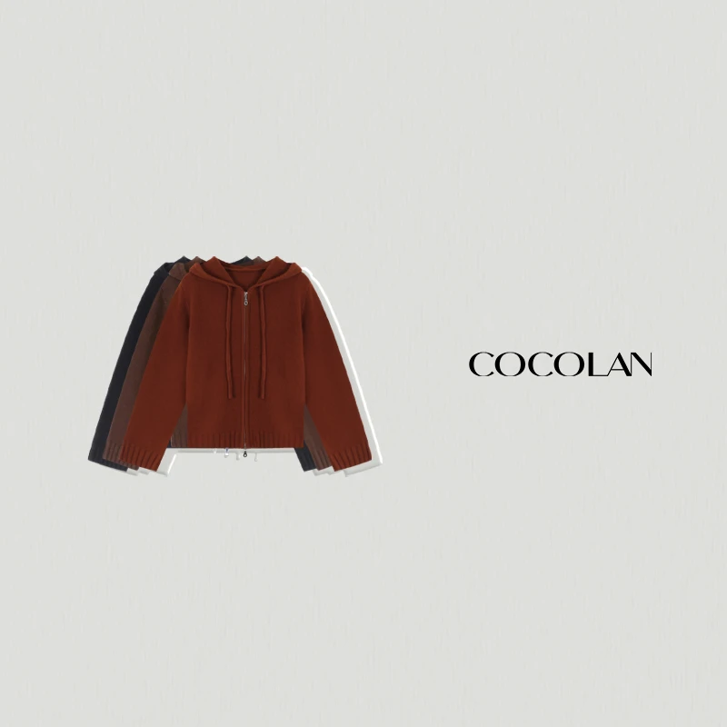 COCOLAN【织物】秋冬时尚休闲100羊毛针织连帽开衫毛衣外套CL6MY010