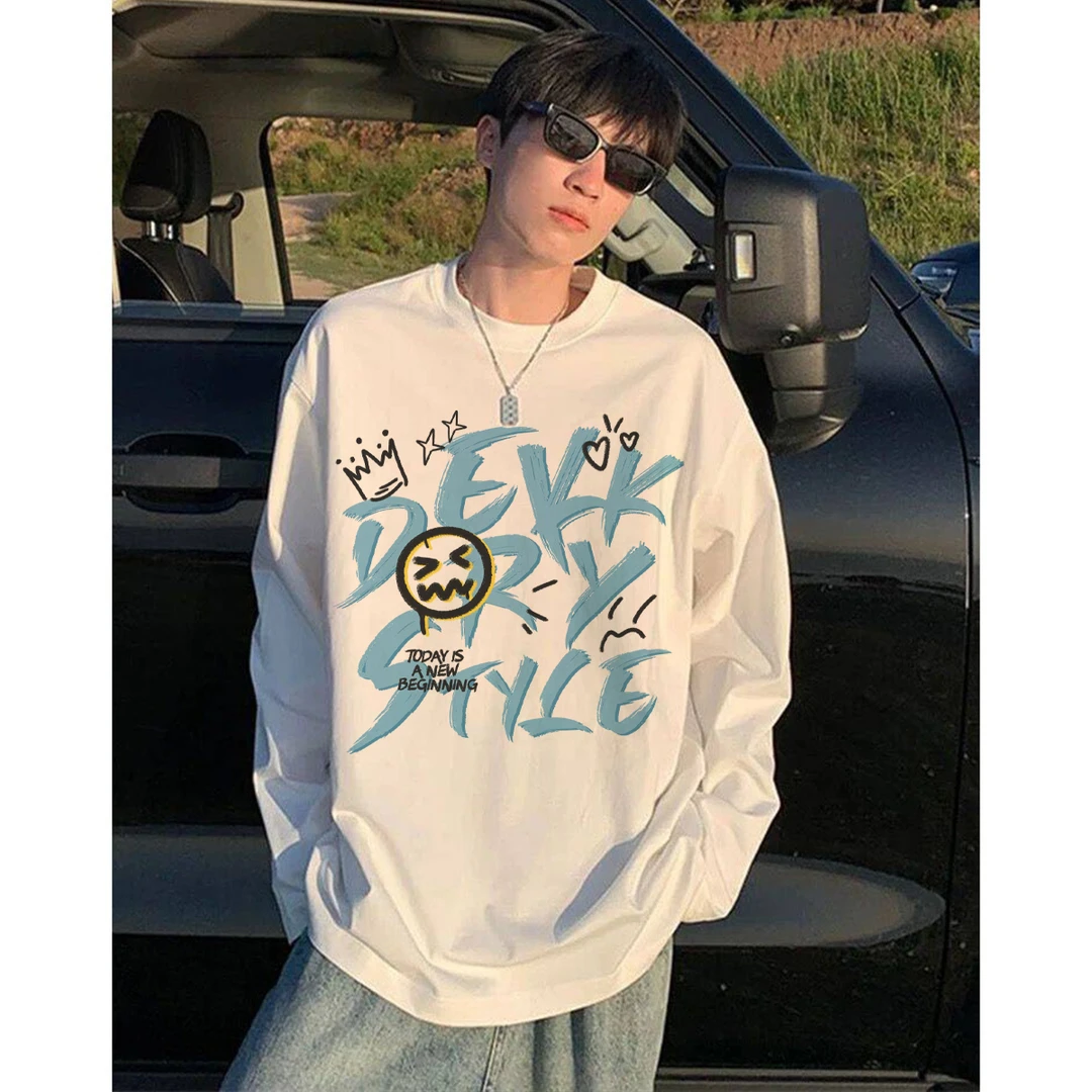 美式创意表情包字母印花长袖T恤男秋季潮牌百搭宽松重磅纯棉上衣