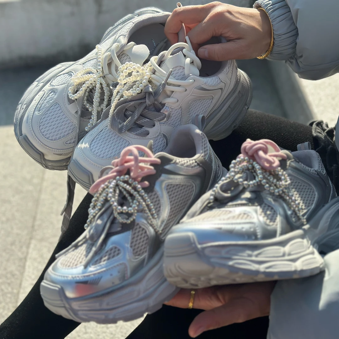 珠珠款女2025春季新款蝴蝶结厚底网面透气休闲运动鞋