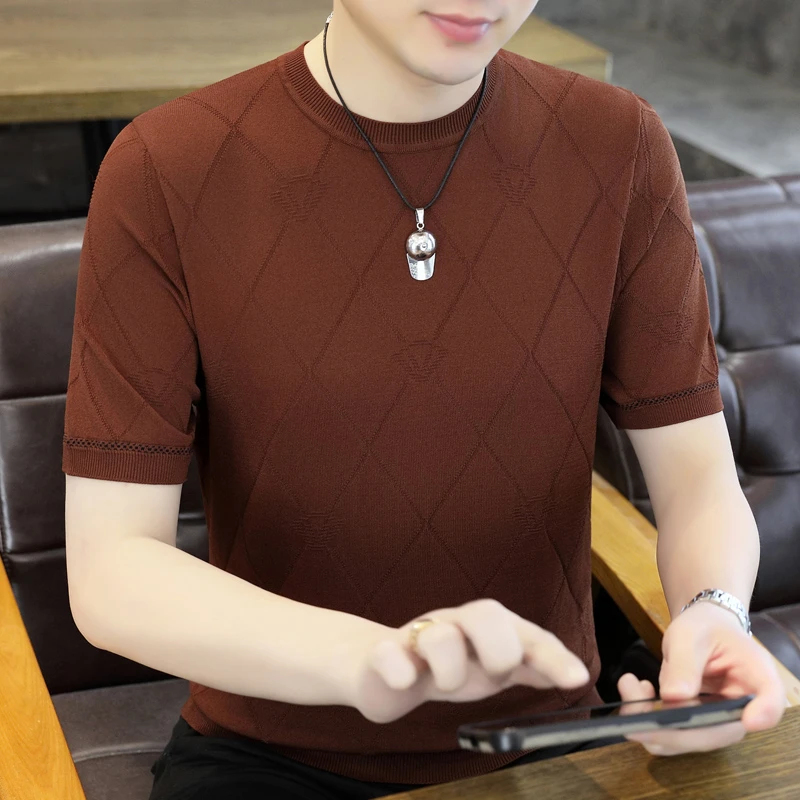 高档冰丝短袖男士T恤夏季新款时尚提花针织衫百搭潮流男休闲上衣