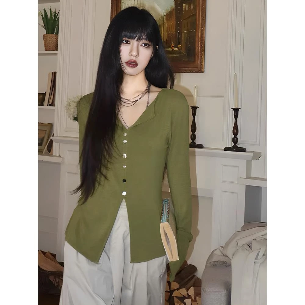 呆毛【秋梨】秋季新款百搭修身显瘦V领彩色扣长袖上衣休闲内搭上衣
