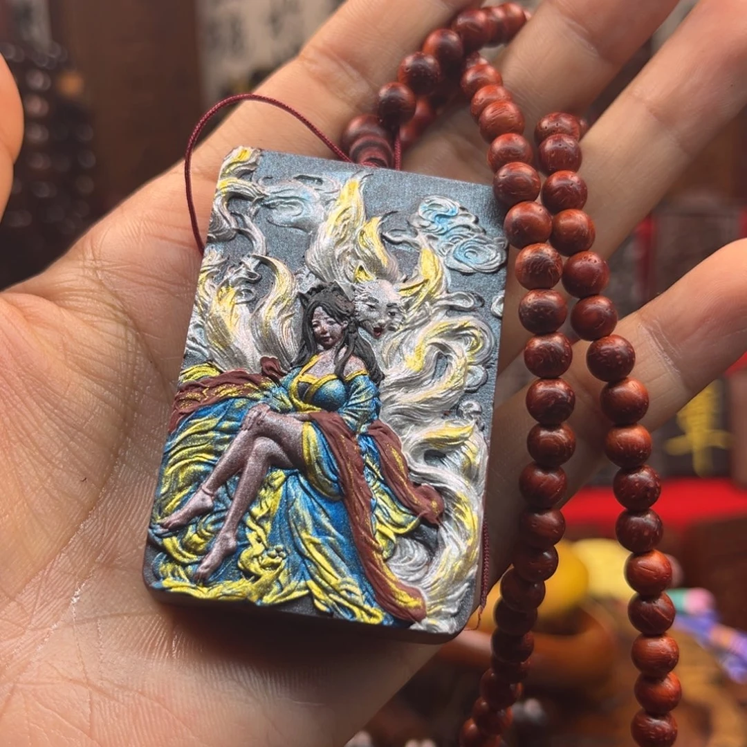 枣木天然雷击枣木手工彩绘九尾狐