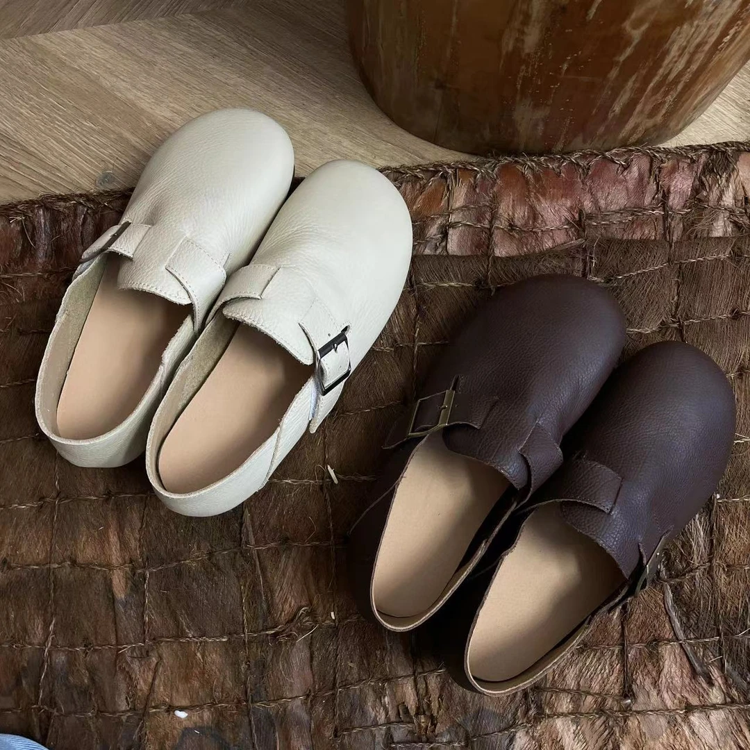 拙手作2025夏季新款一脚蹬头层牛皮森系百搭休闲平底女鞋单鞋软底