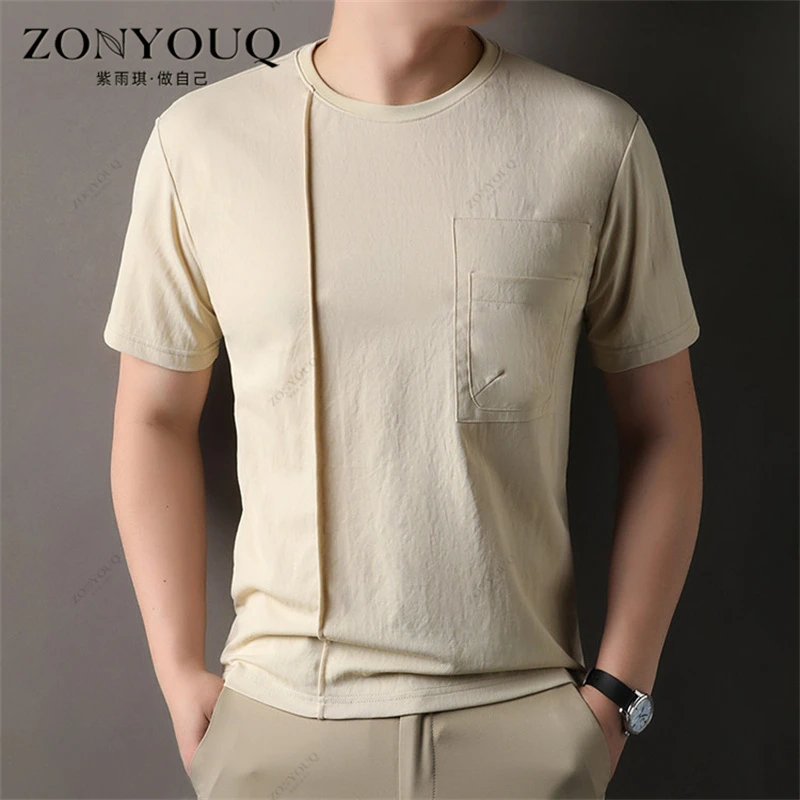 短袖T恤男夏季圆领拼接衫宽松休闲汗衫潮流时尚透气百搭纯色上衣