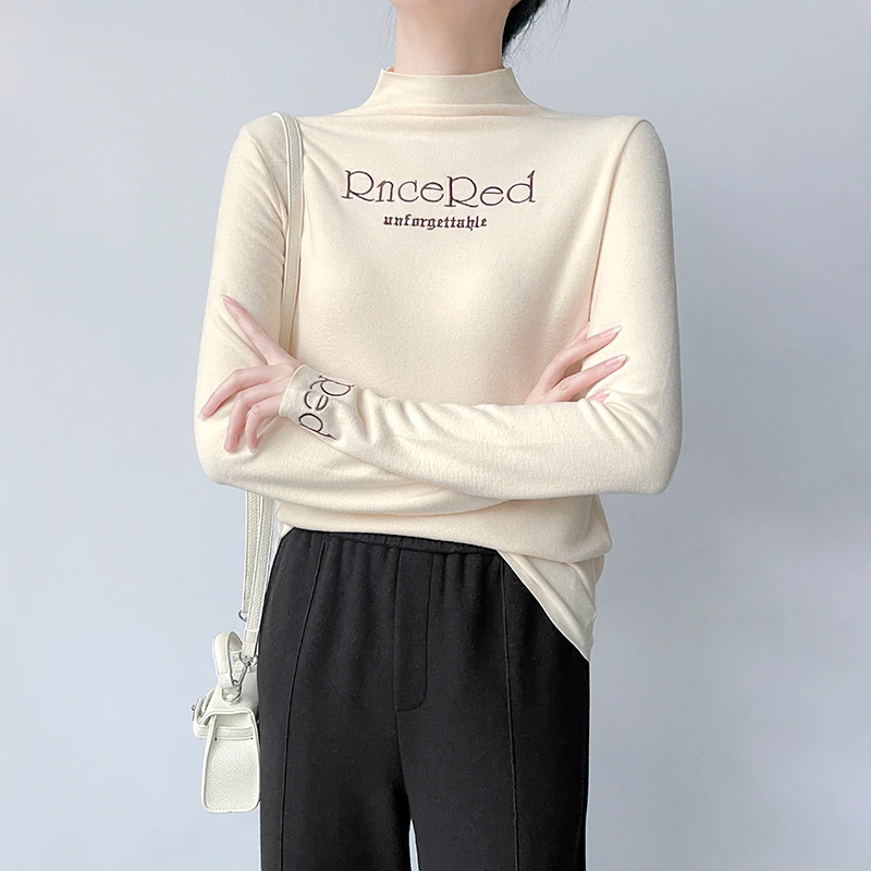 D133双面德绒半高领打底衫女内搭洋气秋冬季新款修身保暖刺绣上衣