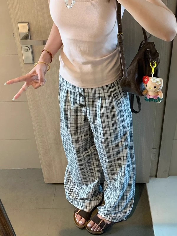 小个子黑白格子休闲裤女夏季薄款宽松显瘦百搭直筒拖地长裤