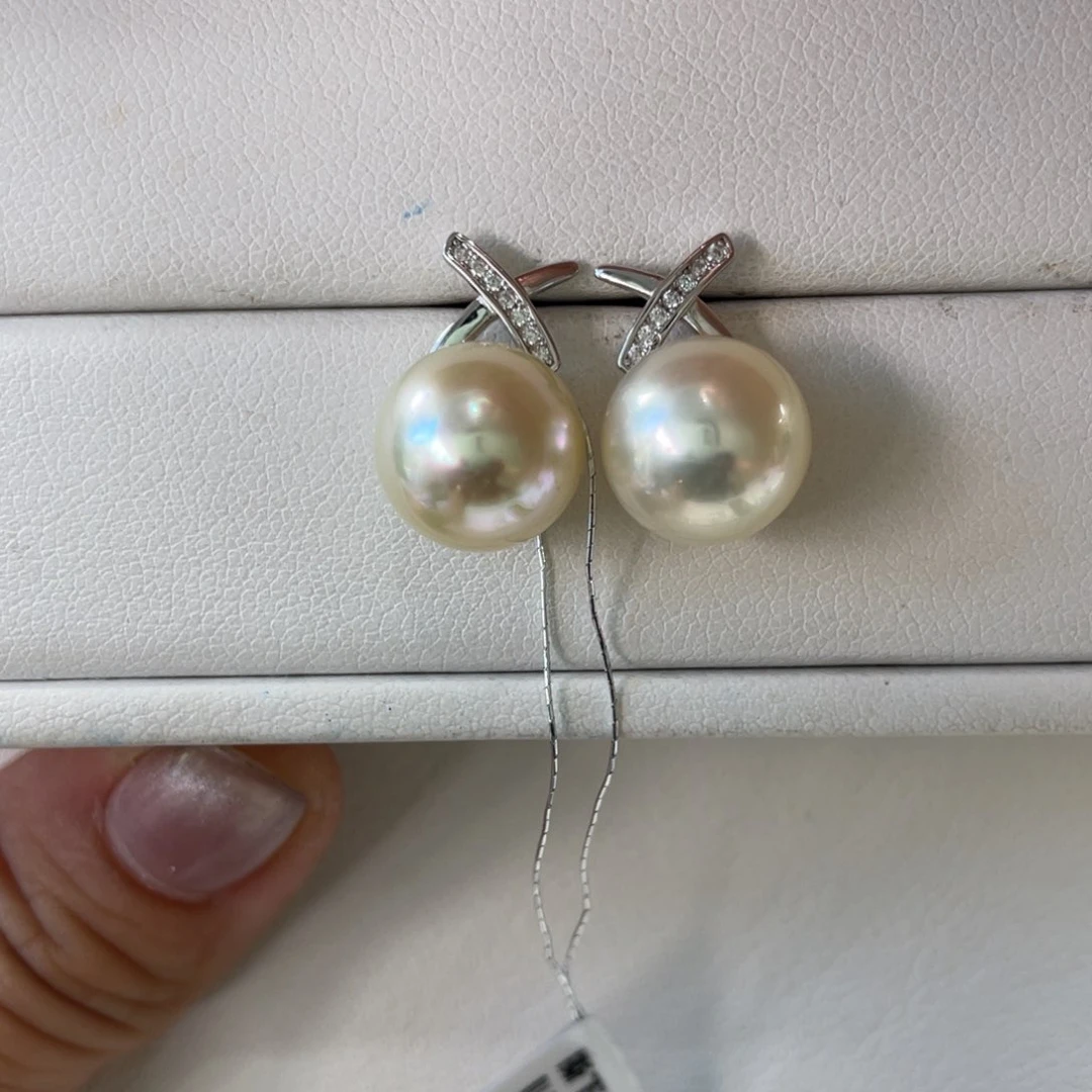 银S925镶嵌耳饰海水珍珠干枯澳白11-12m m