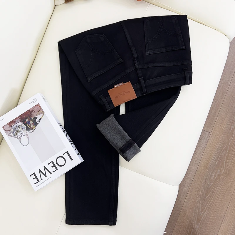 【华总高定】2024冬季植绒德绒丹宁蓝高腰小个子烟管牛仔裤女