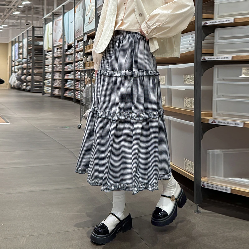 法式木耳边格子半身裙女夏季2025新款初高中学生显瘦A字大摆长裙