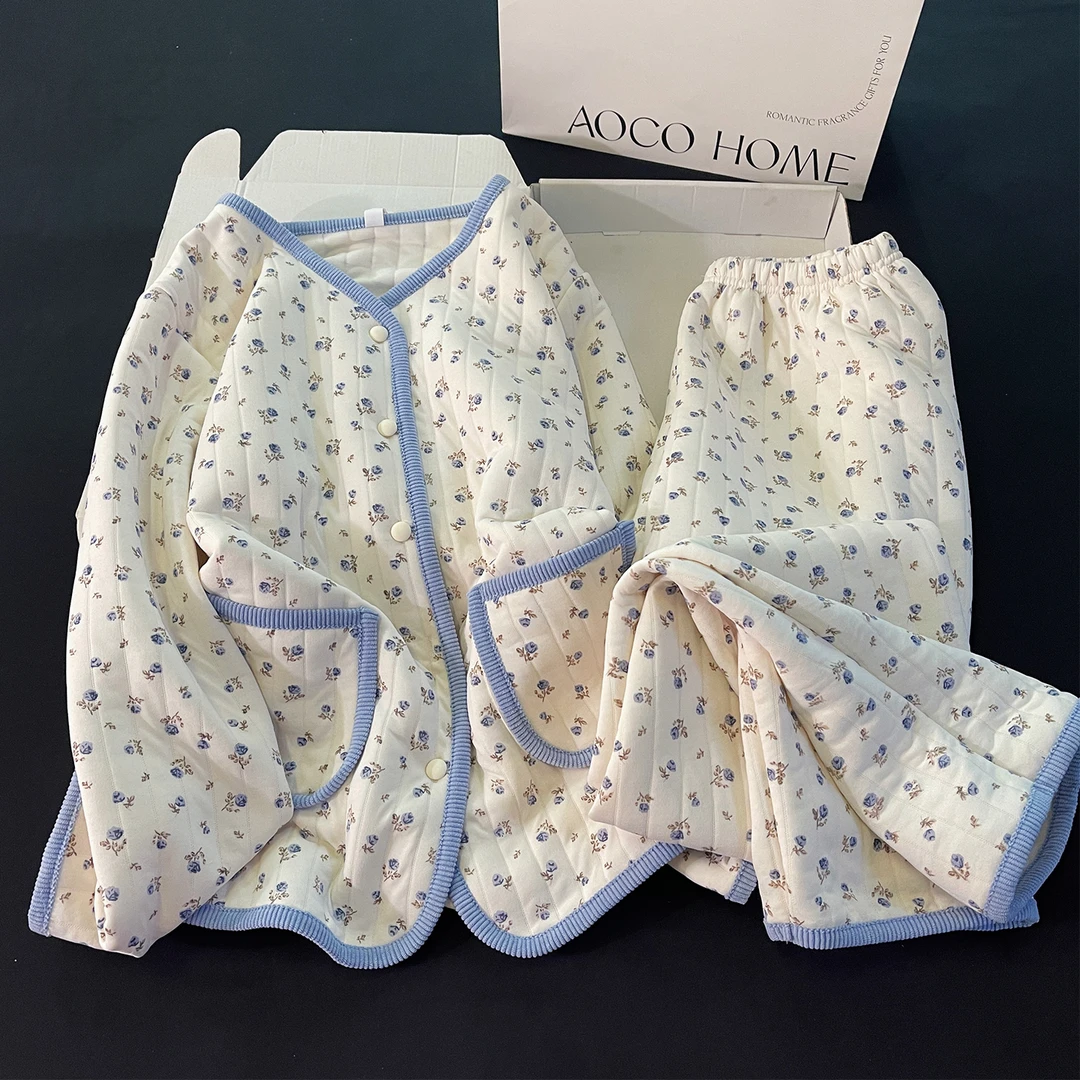 韩系碎花睡衣女秋冬季新款加厚保暖空气棉夹层开衫家居服套装春秋